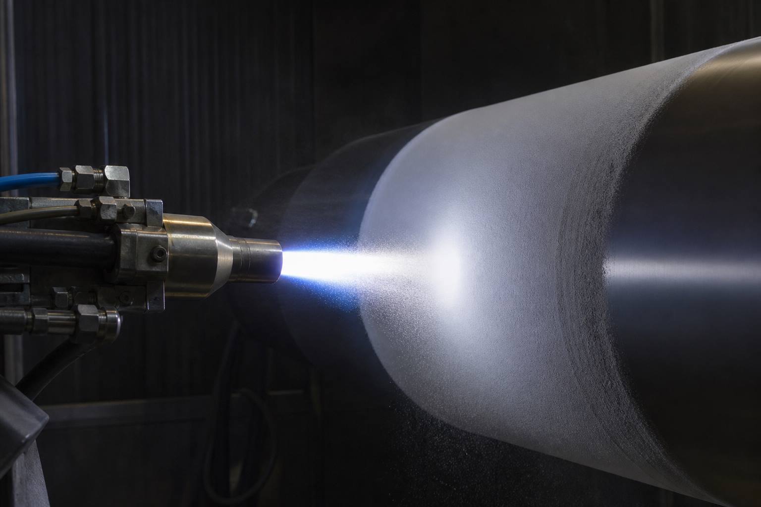 Thermal spray gun applying a coating to a rotating shaft